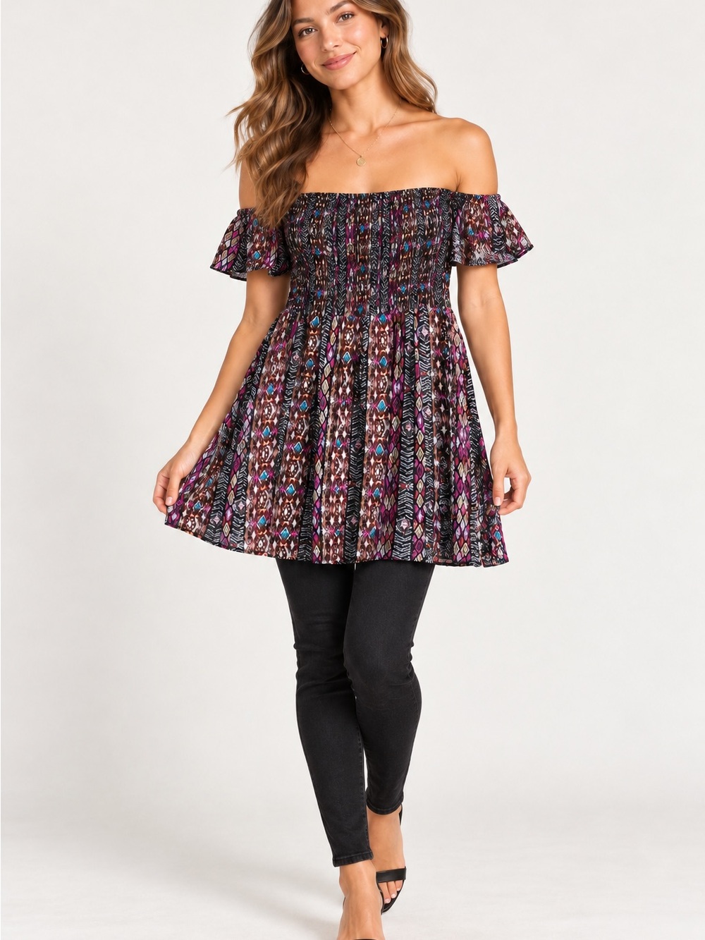 love, Fire Off-Shoulder Smocked Tunic in Black and Purple Multi-Print
